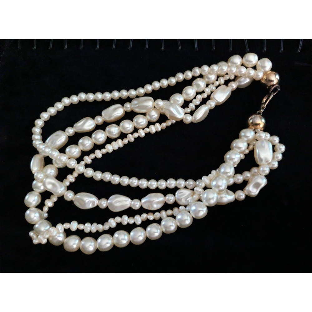 Vintage Multi Strand Faux Baroque Pearl Necklace Cream Gold Tone 18-20"